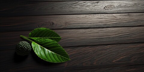 Wooden black board and leaf copy space background. AI Generated,