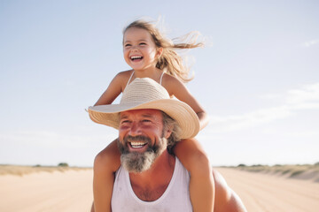 Grandfather Giving Granddaughter Ride On Shoulders As They Walk Through Sand Dunes. ai generative