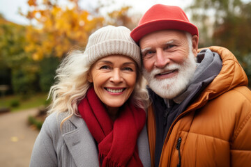 Portrait of smiling senior couple standing in forest during summer vacation. AI Generative