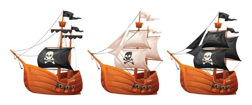 Set of pirate ship cartoon illustration isolated on white background