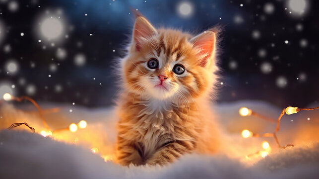 A kitten in the snow, surrounded by golden twinkling lights of garlands. Generative AI
