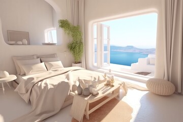 Fototapeta na wymiar Mediterranean-Inspired Bedroom in a Greek Island Paradise. High end luxurious bedroom