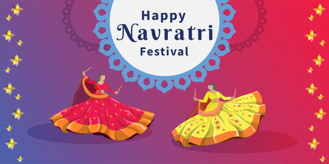 Fototapeta na wymiar An illustration dedicated to the Navratri festival, with a colorful background. Girls dance folk dances. Happy Navratri