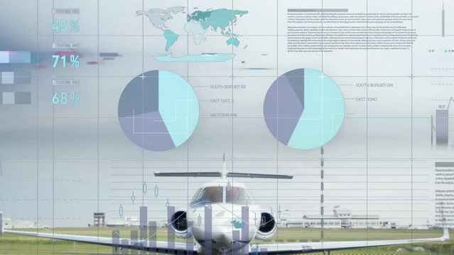 Animation of statistical data processing against airplane on a runway at an airport