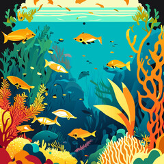 Naklejka na ściany i meble Underwater background with corals and tropical fish. Vector illustration.