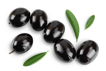 Black olives with leaves isolated on a white background with full depth of field. Top view. Flat lay