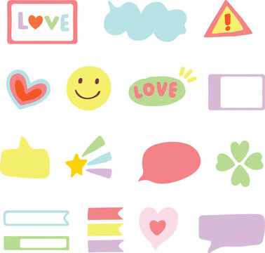 set of cute pastel icons, set of symbol, Hand drawn, decoration, doodle star heart smiley illustration, cute element, highlight, speech bubble