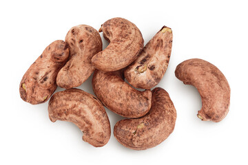 cashew nuts heap with shell isolated on white background. Top view. Flat lay