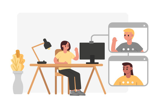 Woman looking at computer screen and having conversation with friends. Concept of video conference in different life situations. Call with colleagues. Vector flat illustration in yellow colors