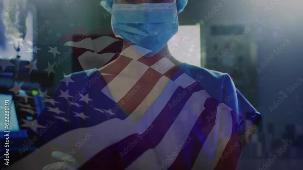 Poster animation of waving usa flag over portrait of caucasian female surgeon in surgical mask at hospital