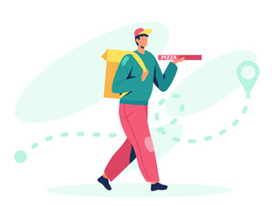 Young male in uniform and cap with backpack holding box with pizza and delivery food to client. Food order app. Colorful flat vector illustration in cartoon style