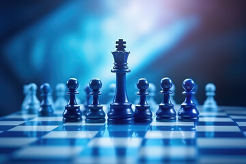 Wallpaper chess pieces on a board. Creative banner for chess school. Blue bright neon colors. Interactive chess. Generative AI 3d render illustration imitation.