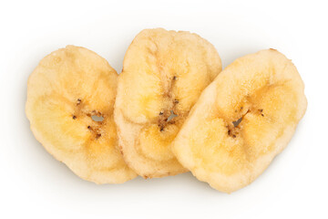 Dried banana chips isolated on white background with full depth of field. Top view. Flat lay
