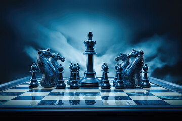 Wallpaper chess pieces on a board. Creative banner for chess school. Blue bright neon colors. Interactive chess. Copy space. Generative AI 3d render illustration imitation.