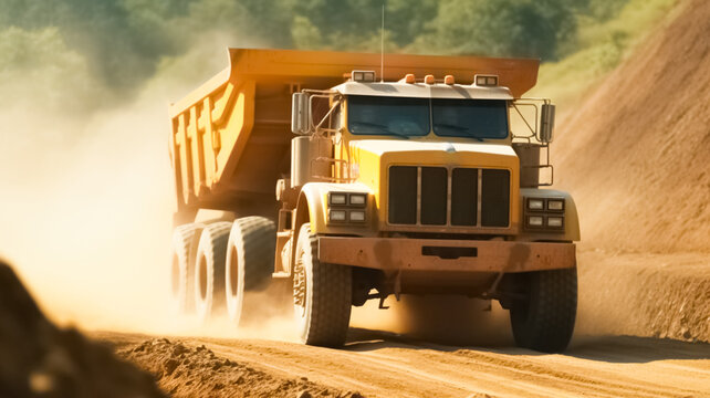 Coal industrial mining dump truck at the mine. Truck moving on dirt country road.

