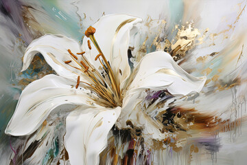 Abstract floral oil painting. Gold and white lily