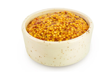 Bowl with french mustard isolated on white background with full depth of field