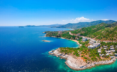 Naklejka na ściany i meble Aerial view of sand beach and blue water near Kavala, Greece, Europe
