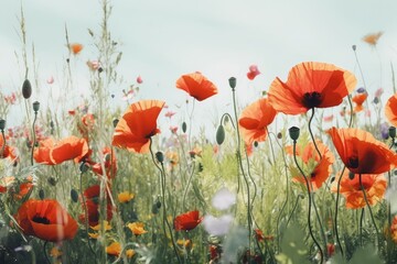 Wild poppy colorful flowers. Generate Ai