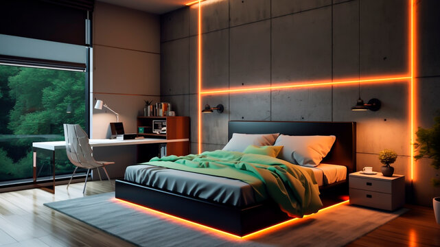 Interior of modern bedroom with orange LEDs lights.