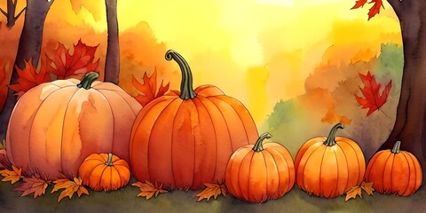 Naklejka na ściany i meble Autumn pumpkins watercolor, generative ai