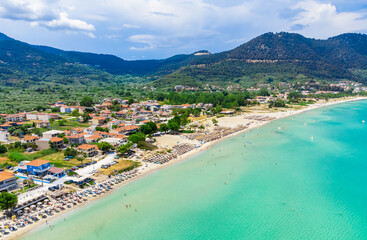 Fototapeta na wymiar Aerial view beautiful sand beach. Golden Beach, Thassos, Greece