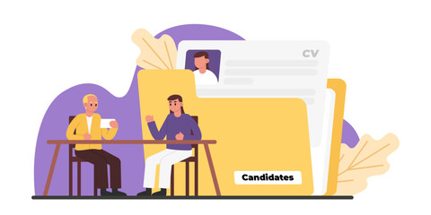 HR sitting at table and reading CV of candidate. Filling out resume for vacancy. Data collection for HR department, headhunter. Conducting interview concept. Vector flat illustration