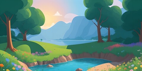 Obraz premium Summer landscape with lake game background, generative ai