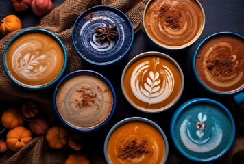Colorful pumpkin spice lattes, generative ai