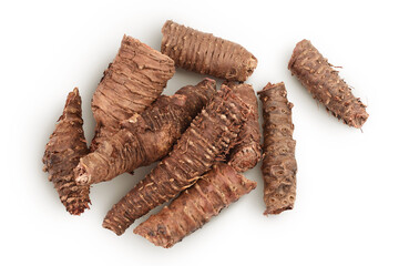 Rhodiola rosea root isolated on white background. Top view. Flat lay.