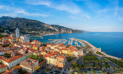Aerial view colorful old town Menton and sea. French Riviera, France - obrazy, fototapety, plakaty
