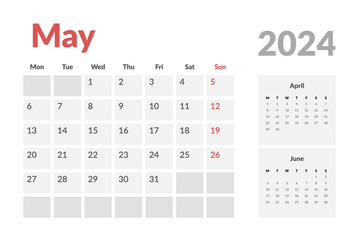 Calendar Template of may 2024. Vector layout simple calendar with week start Monday.