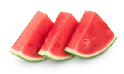 Red seedless watermelon slices isolated on white background with full depth of field.