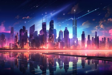 Fototapeta na wymiar Skyscrapers glowing illuminate the futuristic cityscape at night.