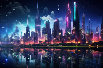 Fototapeta na wymiar Skyscrapers glowing illuminate the futuristic cityscape at night.