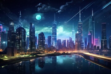 Skyscrapers glowing illuminate the futuristic cityscape at night.