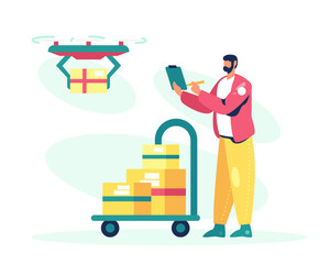 Concept of delivery by drone. Food order app. Adult man holding clipboard, standing near cart with parcels. Various equipment for courier. Colorful flat vector illustration in cartoon style