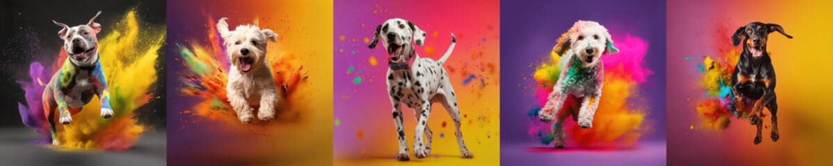 A cheerful playful dogs jumps up among the colors of Holi, banner with dogs, American Bully and Bolognese , Dalmatian and Poodle and Dobermann, generative ai