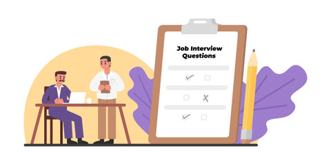 HR sitting at table with computer and asking job interview questions. Filling out resume for vacancy. Data collection for HR department, headhunter. Conducting interview concept. Vector illustration