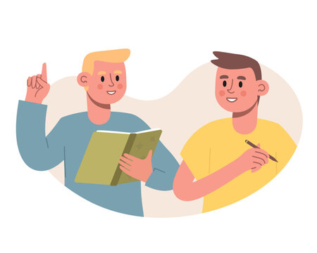 Young man holding open book and reading to friend. Students studying, doing homework. Male teaching, his friend making notes. Flat vector illustration in cartoon style