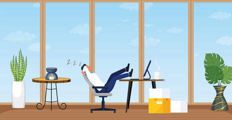 Having Relax at Office and Relaxation at Work, Irresponsible and Careless Employee taking Relax, Legs on Table and Computer, Sleeping at work Less Dedicated employee. Taking rest at break time office