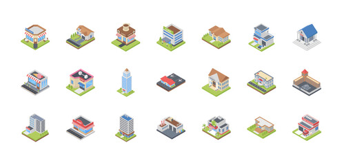 set of building icons, such as city, apartment, condominium, town
