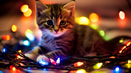 A curious kitten mesmerized by the colorful glow of light bulbs on a garland. Generative AI
