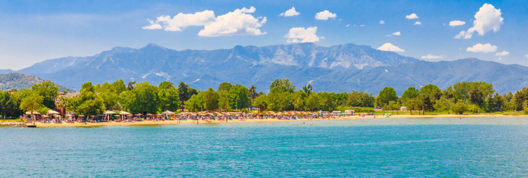 Landscape of Keramoti beach with blue sea. Greece, Macedonia, Europe.