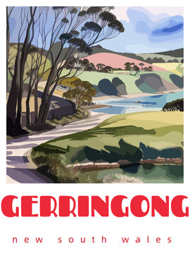 Gerringong: Retro tourism poster with a Australian landscape and the headline Gerringong / New South Wales