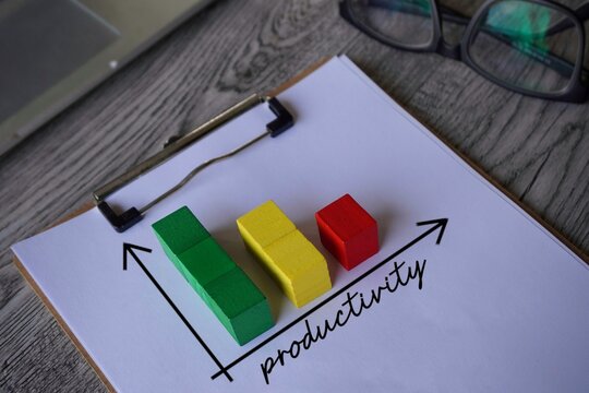 Downward bar graph with text PRODUCTIVITY. Decreased Downward bar graph with text PRODUCTIVITY. Decreased productivity at work, low productivity, insufficient and incompetent concept