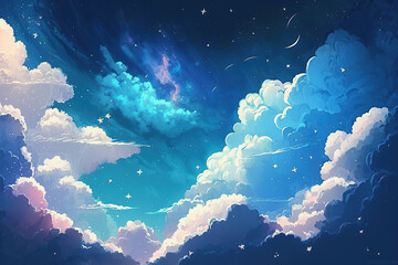 Fancy clouds background with blue summer sky and stars, Animation background, Anime style, created with Generative AI