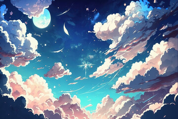 Fototapeta na wymiar Fancy clouds background with blue summer sky and stars, Animation background, Anime style, created with Generative AI