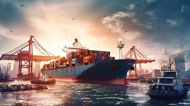 Container cargo ship at an industrial port in the import-export sector logistics and international transportation, generative ai