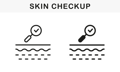 Skin Checkup Line and Silhouette Black Icon Set. Skincare Treatment. Magnifying Glass for Skin Problem Research Pictogram. Checked Clean Skin Layer Symbol Collection. Isolated Vector Illustration